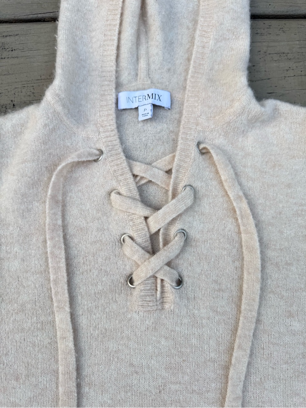 INTERMIX Lace-Up Hoodie Sweater in Light Beige - Picture 5 of 16
